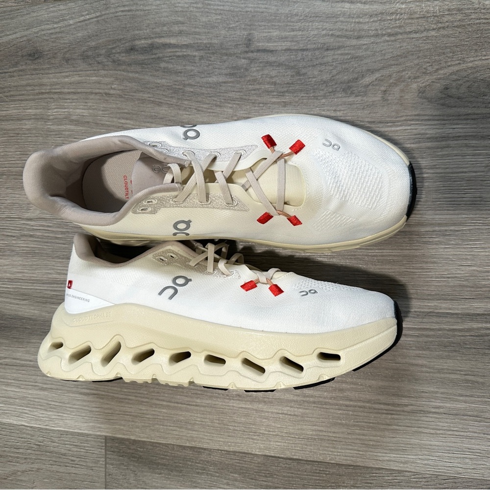 On Running Cream Sneakers with Red Accents